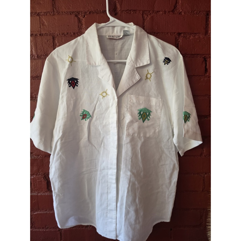Lindsey Blake Vintage Size 16 White Embroidered Shirt Blouse Short Sleeve...
